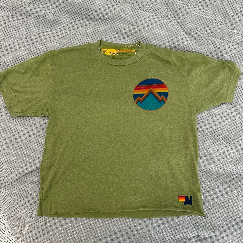 Aviator Nation Green Tee with Rainbow Mountain Patch